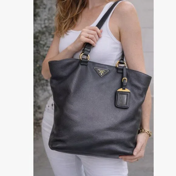 Prada Black Leather Tote Bag Large Shoulder Bag Gold Hardware Authentic - Picture 1 of 15
